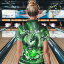 Load image into Gallery viewer, Personalized Green Lights Dragon Women Bowling Polo, 1/4 Zip Shirt Custom Team Bowling League Jersey NQS10199