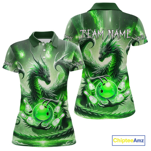 Personalized Green Lights Dragon Women Bowling Polo, 1/4 Zip Shirt Custom Team Bowling League Jersey NQS10199