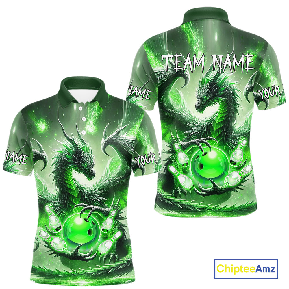 Personalized Green Lights Dragon Mens Bowling Polo, 1/4 Zip Shirt Custom Team Bowling League Jersey NQS10199