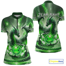 Load image into Gallery viewer, Personalized Green Lights Dragon Women Bowling Polo, 1/4 Zip Shirt Custom Team Bowling League Jersey NQS10199