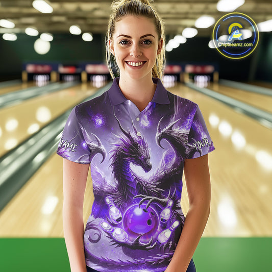 Personalized Purple Lights Dragon Women Bowling Polo, 1/4 Zip Shirt Custom Team Bowling League Jersey NQS10200