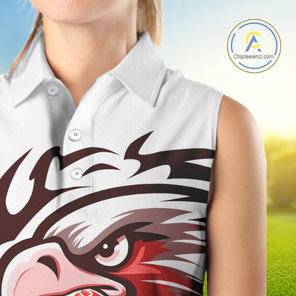 Women sleeveless polo shirt custom Red Eagle golf ball white golf tops, team golf attire for ladies NQS10553