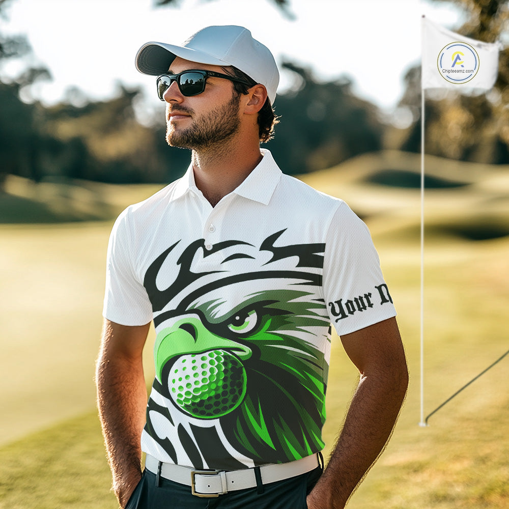 Mens golf polo shirts custom Green Eagle golf ball white golf tops, team golf attire for mens NQS10554