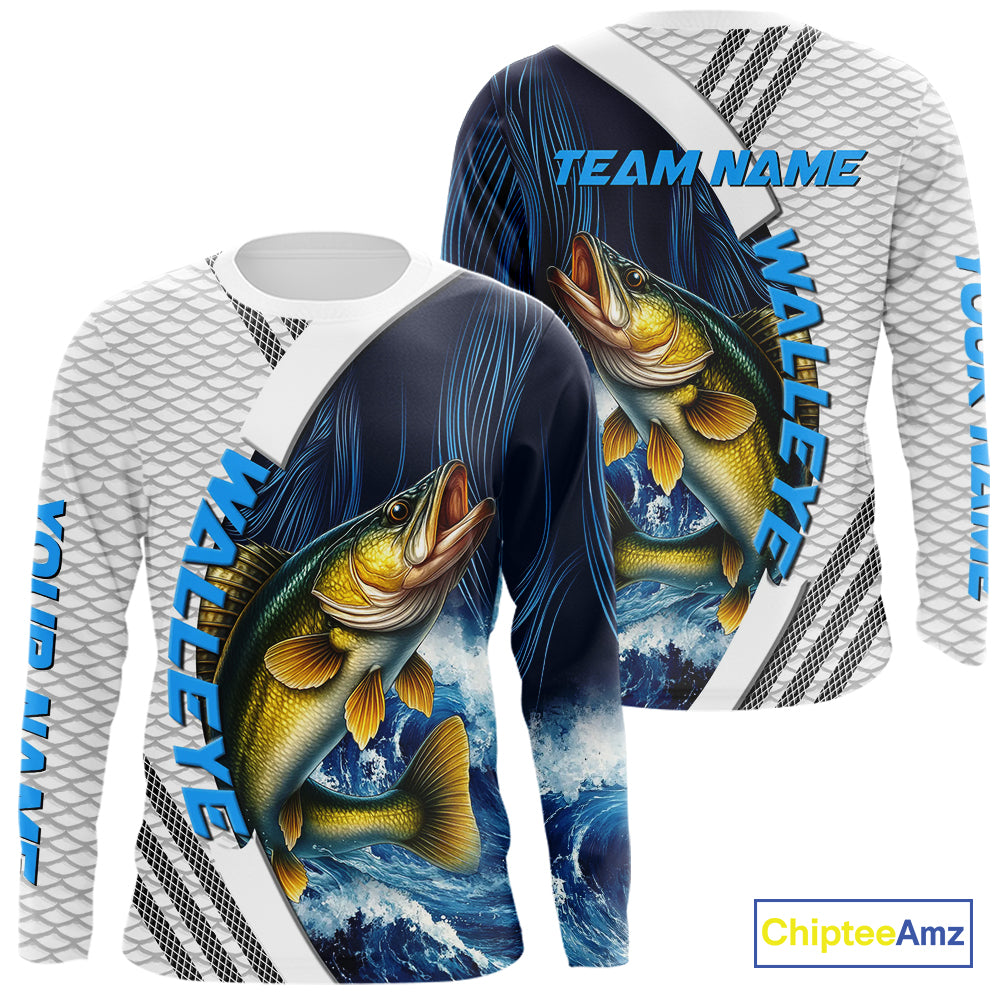 Blue and White Camo Walleye fishing Custom name sun protection Walleye fishing team jerseys NQS10556