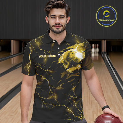 Yellow lightning thunder bowling American flag Eagle custom Mens Bowling Polo, Quarter Zip Shirts NQS10557