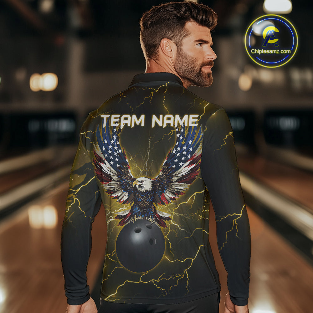 Yellow lightning thunder bowling American flag Eagle custom Mens Bowling Polo, Quarter Zip Shirts NQS10557