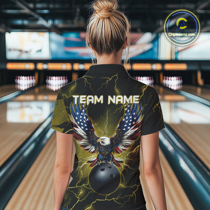 Yellow lightning thunder bowling American flag Eagle custom Womens Bowling Polo, Quarter Zip Shirts NQS10557