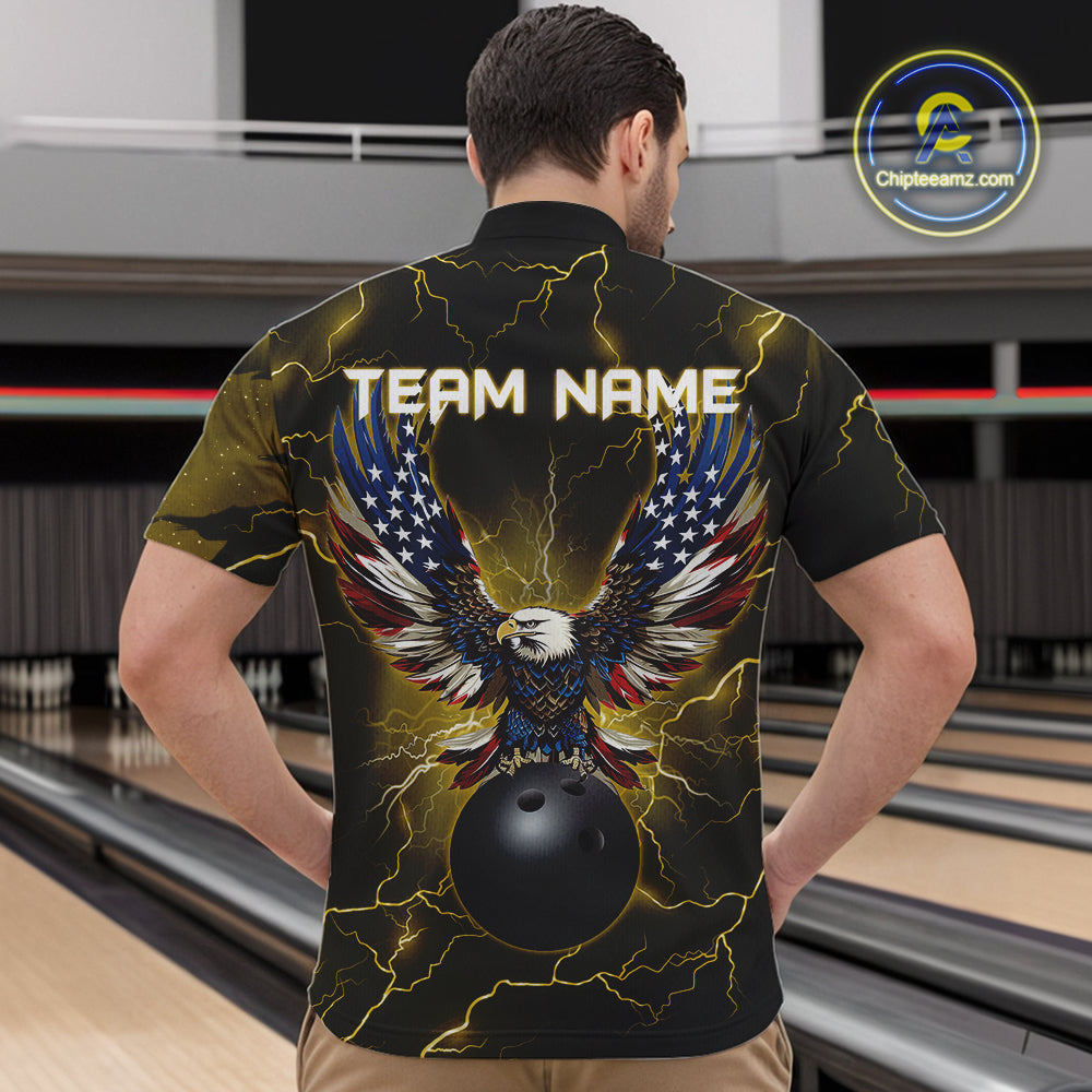 Yellow lightning thunder bowling American flag Eagle custom Mens Bowling Polo, Quarter Zip Shirts NQS10557