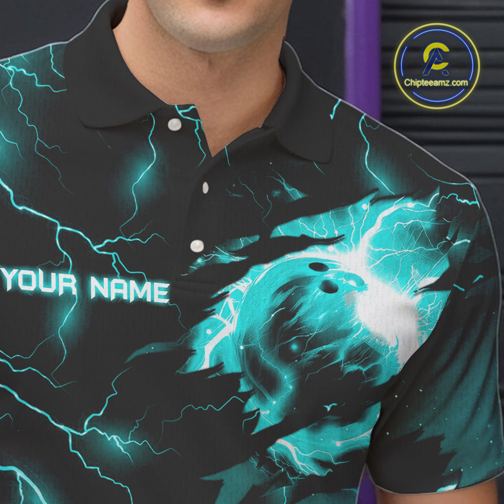 Cyan Blue lightning thunder bowling American flag Eagle custom Mens Bowling Polo, Quarter Zip Shirts NQS10558