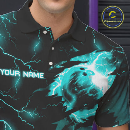 Cyan Blue lightning thunder bowling American flag Eagle custom Mens Bowling Polo, Quarter Zip Shirts NQS10558