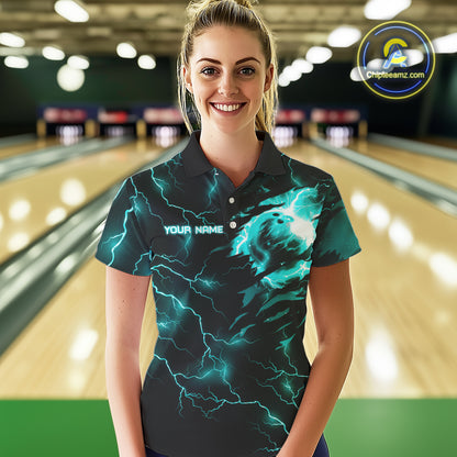 Cyan Blue lightning thunder bowling American flag Eagle custom Womens Bowling Polo, Quarter Zip Shirt NQS10558
