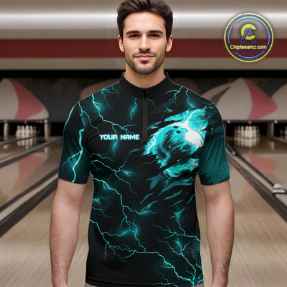 Cyan Blue lightning thunder bowling American flag Eagle custom Mens Bowling Polo, Quarter Zip Shirts NQS10558