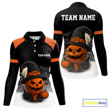 Load image into Gallery viewer, Black and Orange Funny pumpkin Golf Ball Women golf polo shirt Custom Halloween team ladies golf wear NQS10778