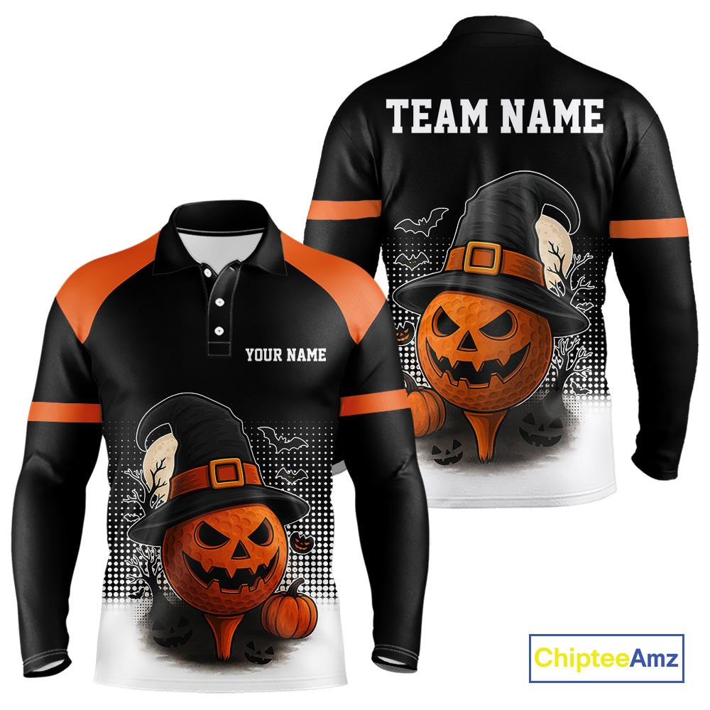 Black and Orange Funny pumpkin Golf Ball Men golf polo shirts Custom Halloween team mens golf wear NQS10778