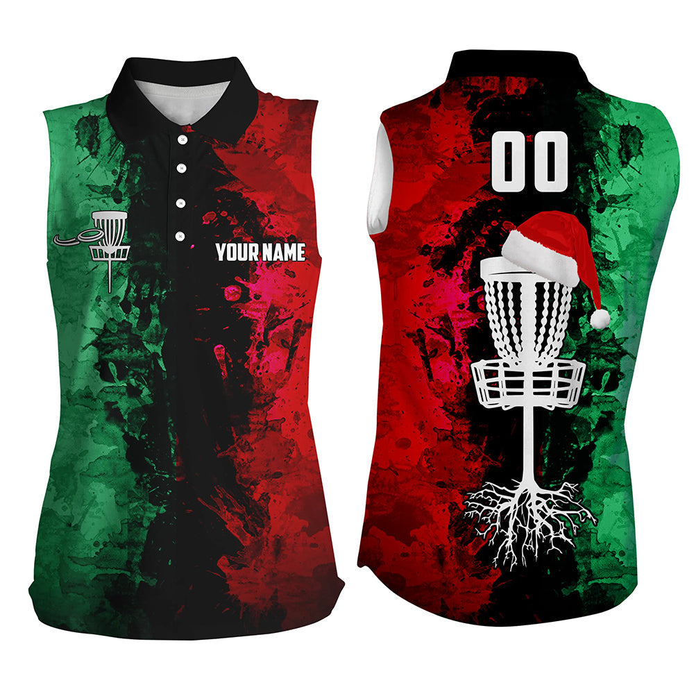 Custom name and number Santa Disc Golf basket Women sleeveless polo shirts, Christmas disc golf shirts NQS9065