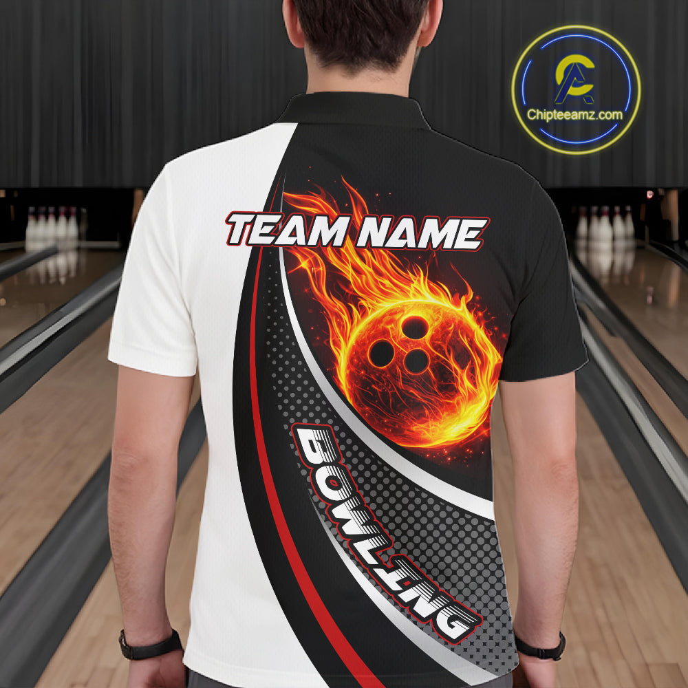 Personalized Black & White Red Flame Bowling Polo, 1/4 zip Team Shirts For Men, Gifts For Bowlers NQS11358