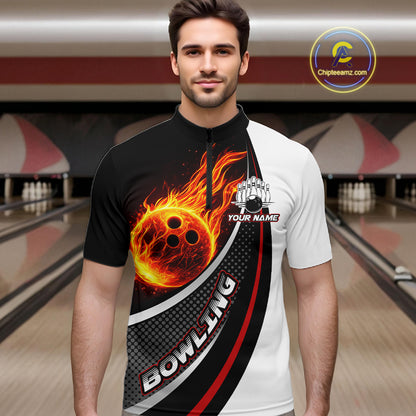 Personalized Black & White Red Flame Bowling Polo, 1/4 zip Team Shirts For Men, Gifts For Bowlers NQS11358