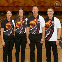 Load image into Gallery viewer, Personalized Black &amp; White Red Flame Bowling Polo, 1/4 zip Team Shirts For Women, Gifts For Bowlers NQS11358