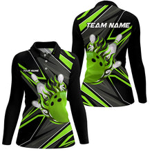 Load image into Gallery viewer, Black and green Womens bowling polo shirt custom Bowling Ball Pins flame bowling jerseys for Bowler NQS7386