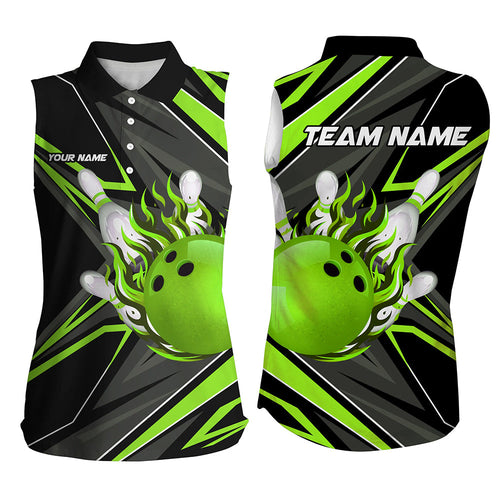 Black and green Women sleeveless polo shirts custom Bowling Ball Pins flame bowling jerseys for Bowler NQS7386