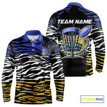 Load image into Gallery viewer, Blue, Yellow and White Tiger Skin Pattern Mens Disc golf polo shirts Custom team disc golf jerseys NQS9804