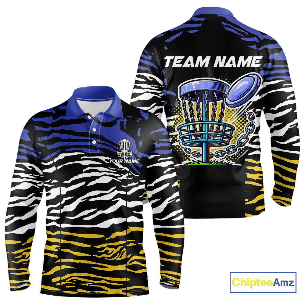 Blue, Yellow and White Tiger Skin Pattern Mens Disc golf polo shirts Custom team disc golf jerseys NQS9804