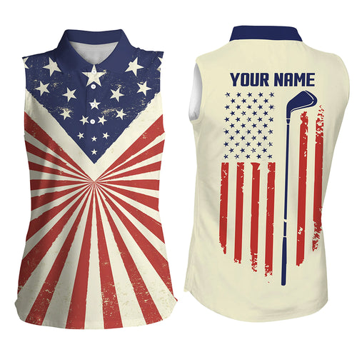 Vintage American flag patriotic Womens sleeveless polo shirts custom golf tops for ladies golf gift NQS5377