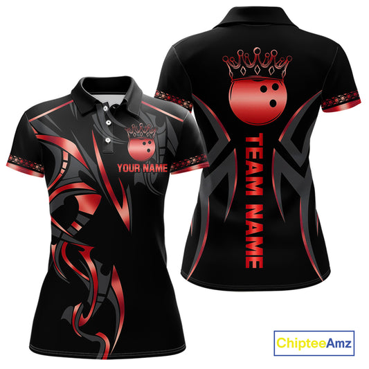 Black and Red crown Bowling ball Polo, Quarter Zip Shirts for Women Custom Bowling Team jerseys NQS10047