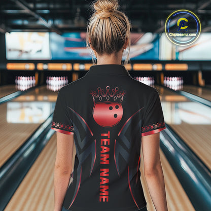 Black and Red crown Bowling ball Polo, Quarter Zip Shirts for Women Custom Bowling Team jerseys NQS10047