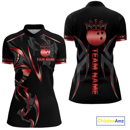 Black and Red crown Bowling ball Polo, Quarter Zip Shirts for Women Custom Bowling Team jerseys NQS10047