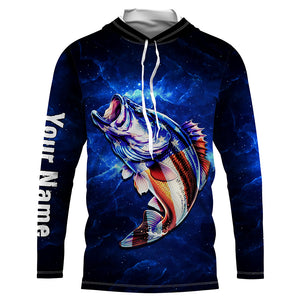 American flag Largemouth Bass Fishing blue galaxy background Custom name UV protection fishing shirts NQS782