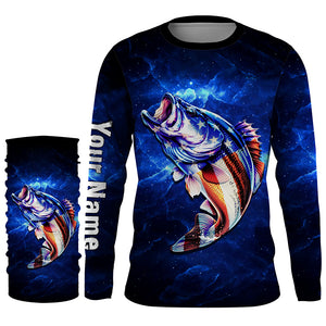 American flag Largemouth Bass Fishing blue galaxy background Custom name UV protection fishing shirts NQS782