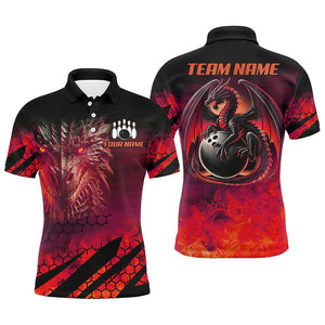 Black And Red Custom Dragon Flame Bowling Shirts For Men, Dragon Fire Bowling Team Shirts NQS8384