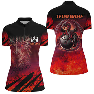 Black And Red Custom Dragon Flame Bowling Shirts For Women, Dragon Fire Bowling Team Shirts NQS8384