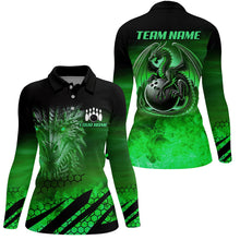 Load image into Gallery viewer, Black And Green Custom Dragon Flame Bowling Shirts For Women, Dragon Fire Bowling Team Shirts NQS8385