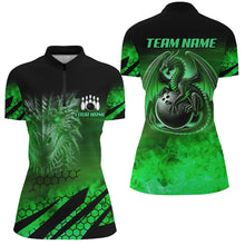 Load image into Gallery viewer, Black And Green Custom Dragon Flame Bowling Shirts For Women, Dragon Fire Bowling Team Shirts NQS8385