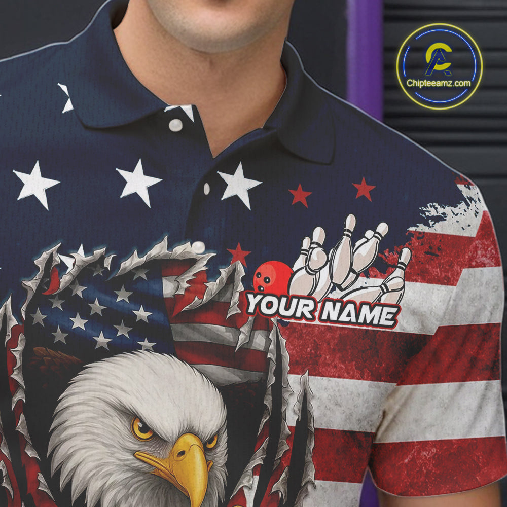 Vintage American Flag Eagle Bowling Polo, 1/4 Zip Shirt for Men Custom Patriotic Team Bowling Jersey NQS10569