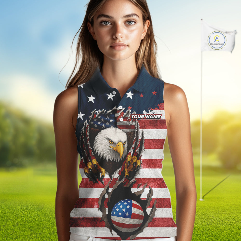 Vintage American Flag Eagle Womens Sleeveless polo shirts Custom Patriotic Team Golf top for ladies NQS10570