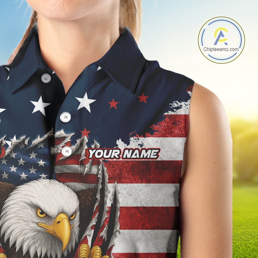 Vintage American Flag Eagle Womens Sleeveless polo shirts Custom Patriotic Team Golf top for ladies NQS10570