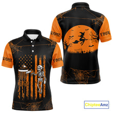 Load image into Gallery viewer, Black and Orange American Flag Halloween disc golf skull custom Men disc golf polo shirts NQS10785