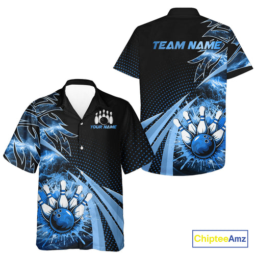 Black and Blue Bowling Hawaiian Shirt Custom Team Bowling Button Up Shirt, Gift For Bowlers NQS10786