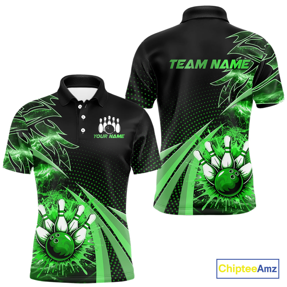 Black and Green Bowling Polo, Quarter zip shirts For Men Custom Team Bowling Jersey, Gift For Bowlers NQS10787