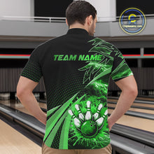 Load image into Gallery viewer, Black and Green Bowling Polo, Quarter zip shirts For Men Custom Team Bowling Jersey, Gift For Bowlers NQS10787