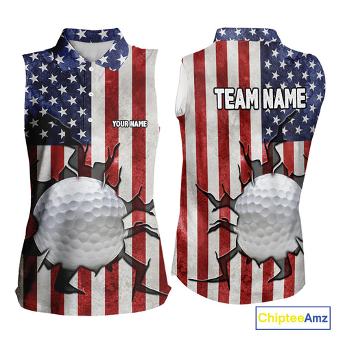 Vintage American Flag broken golf ball Women Sleeveless polos Custom patriotic Ladies Golf attire NQS10051