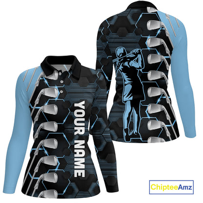 Blue and Black golf clubs Women golf polo shirts custom golf outfit ladies, personalized golf gifts NQS10212