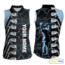 Load image into Gallery viewer, Blue and Black golf clubs Women sleeveless polos custom golf outfit ladies, personalized golf gifts NQS10212