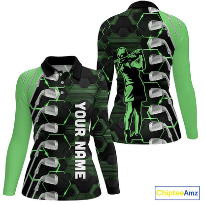 Green and Black golf clubs Women golf polo shirts custom golf outfit ladies, personalized golf gifts NQS10213