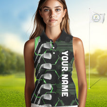 Load image into Gallery viewer, Green and Black golf clubs Women sleeveless polos custom golf outfit ladies, personalized golf gifts NQS10213