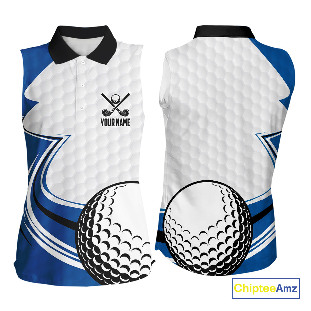 Blue & white golf ball sleeveless golf polo shirts custom name golf gifts for Women NQS10214