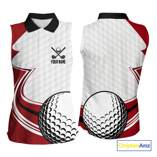 Red & white golf ball sleeveless golf polo shirts custom name golf gifts for Women NQS10215